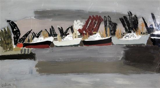 Pierre Célice (1932-) Trawlers in harbour, 10.5 x 19in.